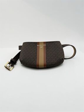 Michael Kors Dark Brown Monogram Belt Bag with Tan and Rust Stripes